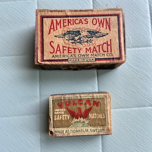 Pair of Vintage 1950&#39;s Match Boxes, Vulcan Matchbox & Americas Own Match Box - Match Container -Vintage Needles - Strike on Side - Matches