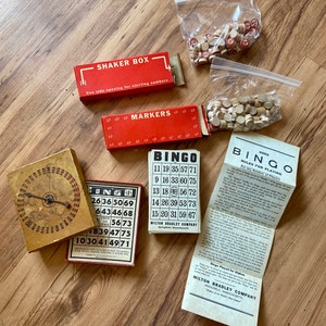 Vintage 1950s Milton Bradley Bingo Game and 1941 E S Lowe Co Bingo Cards and Spinner Box - Bingo - Vintage Game Night - Vintage Game Pieces