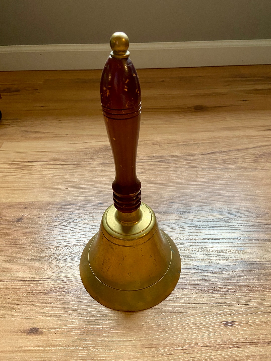 Large Vintage Solid Brass School Bell With Wooden Handle Vintage School