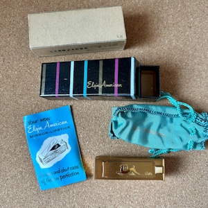RARE Elgin American Gold Tone Metal Lipstick Case w/ “Flip” Mirror Etched Deer - Vintage Lipstick - Original Box- Compact- Vintage Cosmetics