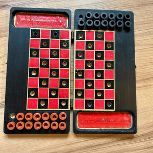 Antique Folding Wooden Checkers Game- Wooden Travel Board Checkers with Wooden Pegs - Vintage Games - Games- Vintage Toys- Family Game Night