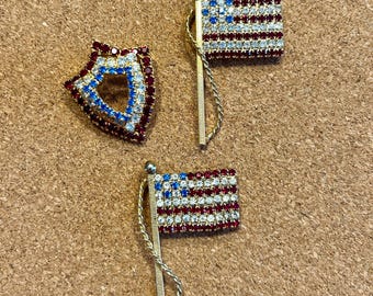 Vintage Set of 3 Flag & Shield Pins - Patriotic Brooches with Rhinestones - America 250 Pins - Vintage Flag Pins - Red, White and Blue Pins