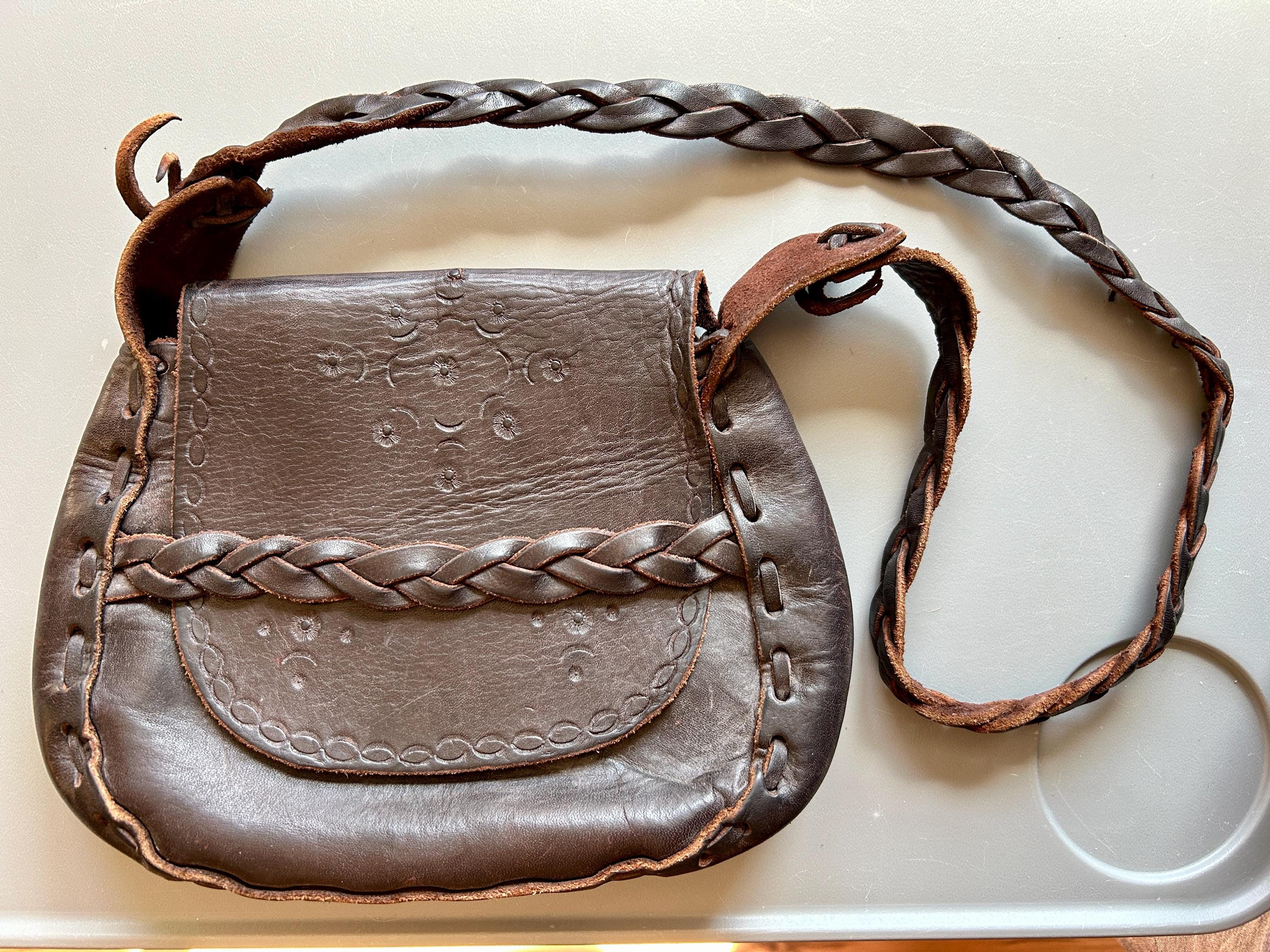 1970s Leather Handbag - Leather Purse Kit Bag - Boho Style