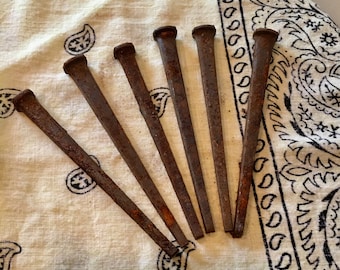 Set of 6 Vintage old stock square cut nails, large 4&quot; long with a gorgeous rusty patina