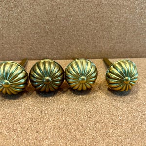 May include: A set of four round brass cabinet knobs, each featuring a fluted, radial design with a central point. The knobs have a metallic gold finish and a smooth, curved surface, with a short metal post extending from the back of each piece.