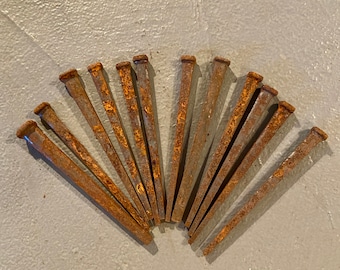 Set of 12 Vintage old stock square cut nails, large 4&quot; long with a gorgeous rusty patina only time can produce. Nice large size!