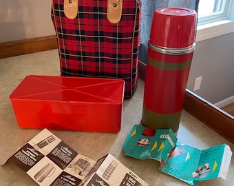 Vintage Aladdin Red Plaid Picnic Set with Thermos