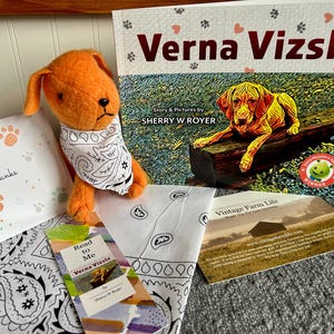 Verna Vizsla Signed Children's Book Gift Bundle - Personalized by Sherry W Royer - Verna Stuffy - "Vintage" Bandana- Verna Vizsla Book Mark