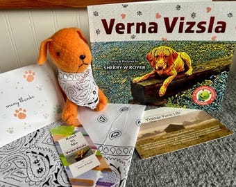 Verna Vizsla Signed Children&#39;s Book Gift Bundle - Personalized by Sherry W Royer - Verna Stuffy - &quot;Vintage&quot; Bandana- Verna Vizsla Book Mark