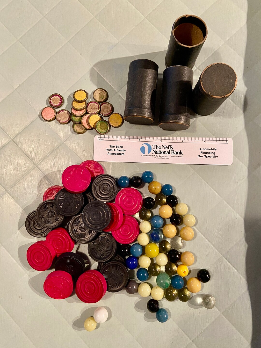 Collection of Vintage Game Pieces Vintage Wooden Checkers Vintage Dice Rollers Parcheesi Game