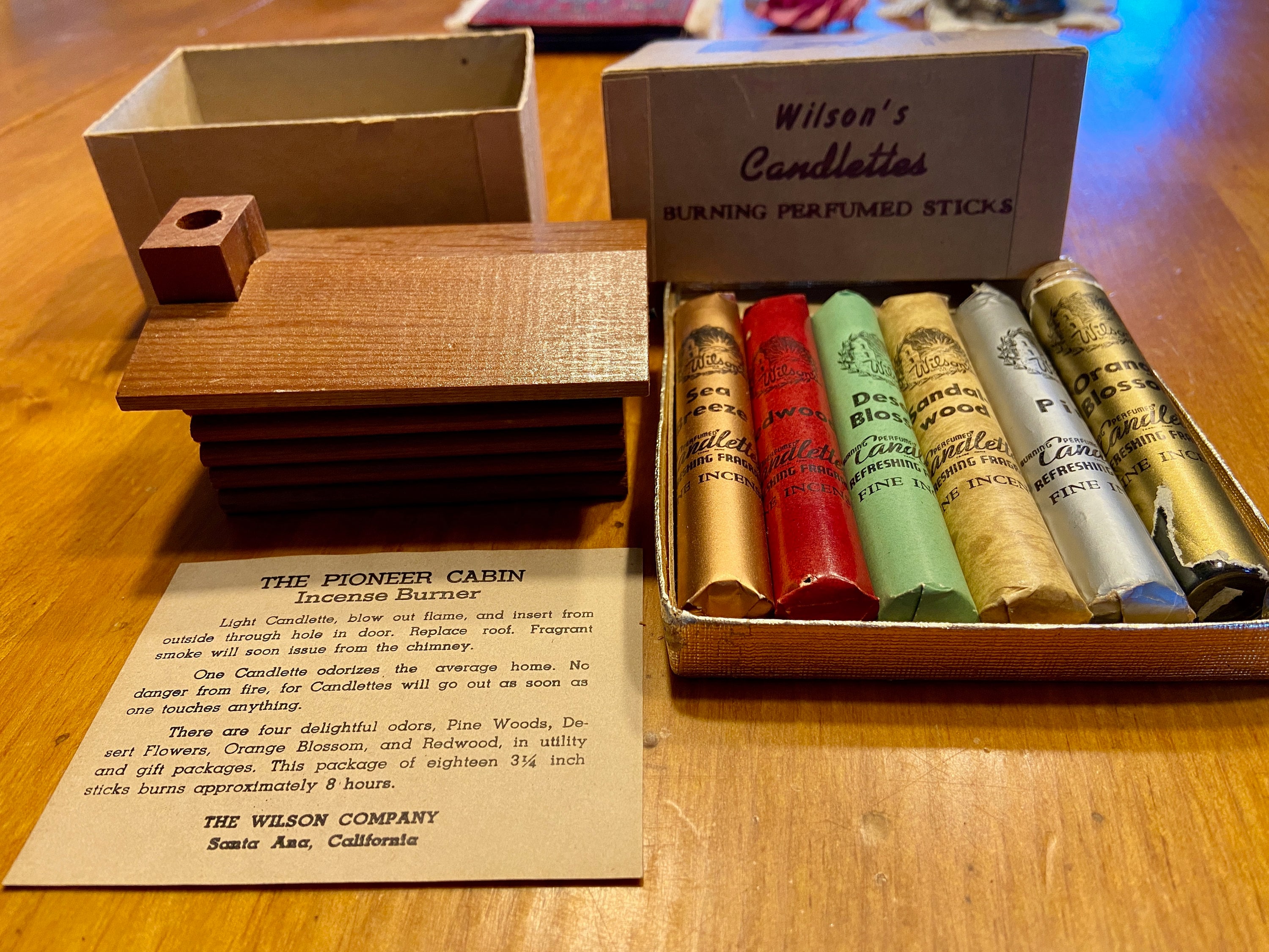 Vintage Wilson's Candlettes Wood Cabin Incense Smoker With Perfumed Sticks