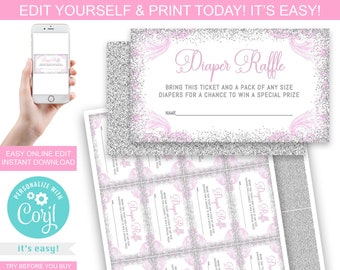 Pink Silver Diaper Raffle Tickets - Pink Diaper Raffle - Pink Gray - Elegant Pink Baby Shower - Girl Instant Download Diaper Raffle Tickets