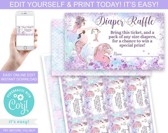 May include: Printable diaper raffle tickets with a mermaid theme. The tickets are purple and blue with glitter and flowers. The text on the tickets reads "Diaper Raffle" and "Bring this ticket, and a pack of any size diapers, for a chance to win a special prize!"