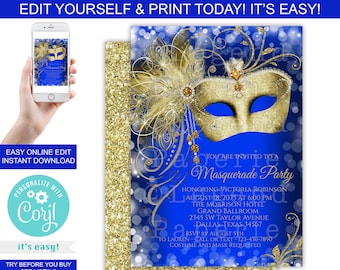 Blue Gold Masquerade Party Invitations,Masquerade Party,Elegant Masquerade Party Invitation,Masquerade Birthday Party,Quinceanera,Any Number