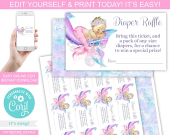 May include: Printable diaper raffle tickets featuring a mermaid baby with a crown and a pink tail. The tickets have the text "Diaper Raffle" and instructions to bring a pack of diapers for a chance to win a prize.