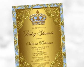 Invitación para baby shower de príncipe: Corona azul y dorada