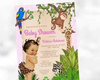 May include: A pink and brown baby shower invitation with a jungle theme. The invitation features a cartoon baby girl wearing a leopard print outfit, a monkey, a giraffe, a parrot, a frog, and a leopard. The text on the invitation reads "Please join us for a Baby Shower honoring Victoria Robinson. Saturday, August 18, 2075 1:00-4:00 PM. The Benson Hotel Event Room B 234 SW Taylor Grapevine, TX 34567. RSVP to Lauren Jones 123-456-7890 Call or Text. Registry at Amazon & Target."