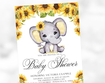 Puede incluir: Una invitación a una baby shower con un lindo elefante gris que lleva una corona de girasoles. La invitación tiene un borde de girasoles y el texto "You are invited to a Baby Shower Honoring Victoria Example Saturday, August 18, 2075 at 1:00 PM The Undersea Garden Cafe 2345 SW Ocean Drive Pensacola, FL 34567 Text RSVP to Lauren at 123-456-7890 Registered at Target & Walmart"