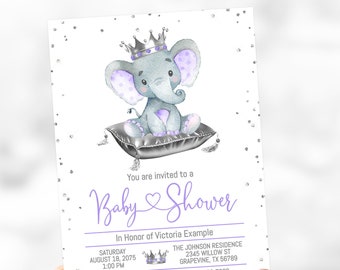 Lila Elefant Prinzessin Baby Party Einladung