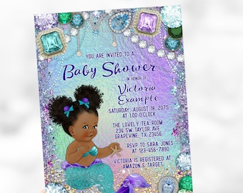 Jewel Mermaid Baby Shower Invitation: Afro Puff, Purple & Teal