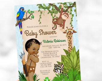 Invitación para baby shower con temática de safari: animales de la selva, bebé niño