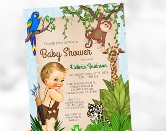 Invitaciones para baby shower de niño con temática de safari: Selva