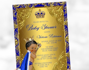 Invitación para baby shower de príncipe en azul real y dorado