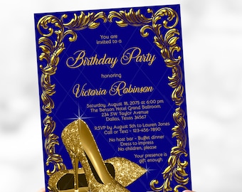 Womans Royal Blue Gold Birthday Party Invitation,Gold High Heel Shoes,Womans Blue Gold Birthday Party,Any Number,Any Background Color,GS9