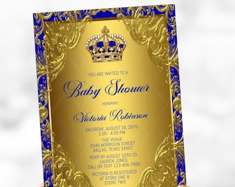 Invitación para baby shower de príncipe en azul real y dorado