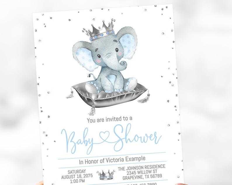 Boy Elephant Baby Shower Invitation Elephant Prince Baby Shower Invitations Prince Baby Shower Invitations Boy Elephant Baby