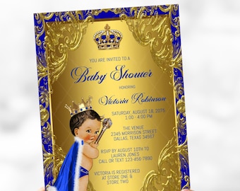 Invitación para baby shower de príncipe real: azul y dorado