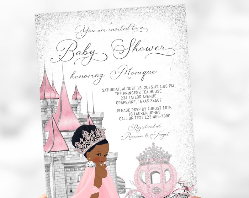 Pink Silver Afro Princess Baby Shower Invitation Pink Afro Princess Baby Shower Afro Princess Baby Shower Pink Silver