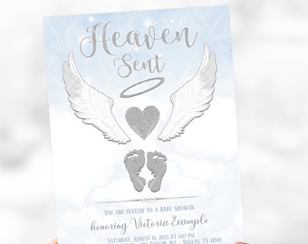 Heaven Sent Baby Shower Invitation: Angel Wings, Blue Cloud (Digital Download)