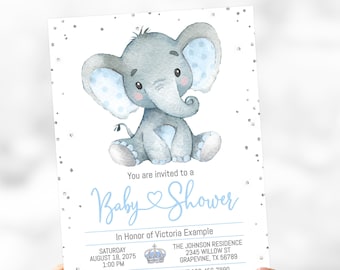 May include: A blue and gray baby shower invitation with a cute cartoon elephant and silver glitter. The invitation says "You are invited to a Baby Shower" and includes the details of the event, including the date, time, location, and RSVP information.