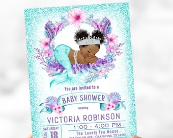 Afro Mermaid Baby Shower Invitation,Afro Puff,Afro Mermaid,Teal Mermaid Baby Shower Invitation,Mermaid Baby Shower,Afro Puff Mermaid,TGM1