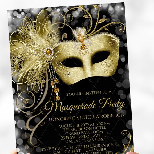 Masquerade Ball Birthday Invitation Printable Black Gold - Etsy