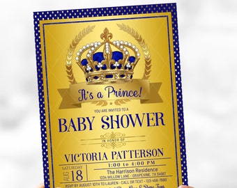 Invitación para baby shower de príncipe en azul real y dorado