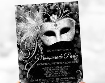 Black White Masquerade Party Invitation,Woman Masquerade Birthday Party Invitation,Masquerade Birthday Party,Masquerade Prom Invitations,MS7
