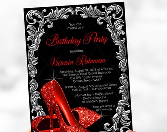 Womans Red Silver Birthday Party Invitation, Red High Heel Shoes,Womans Red Black Silver Birthday Party,Any Number,Any Background Color,RSS1