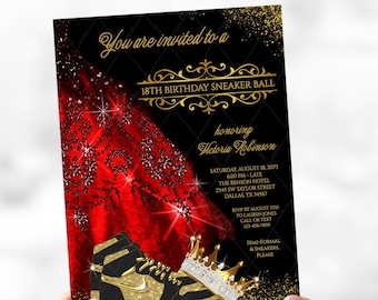 Red & Gold Sneaker Ball Birthday Invitation (Digital Download)