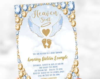 Angel Baby Shower Invitation: Heaven Sent, Blue & Gold (Digital Download)