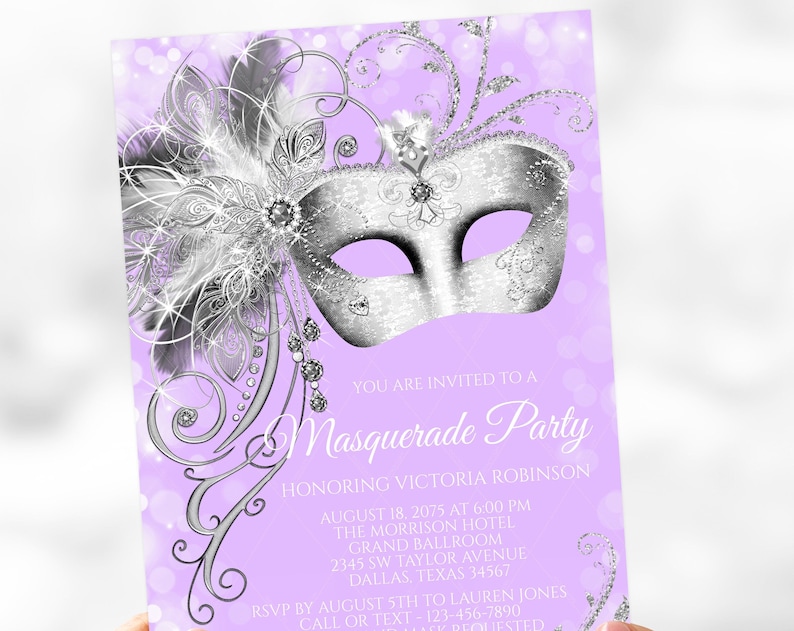 Lavender Masquerade Party InvitationWoman Masquerade Birthday Party InvitationPurple Masquerade Birthday PartyMasquerade