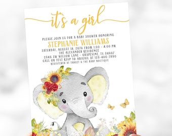 Puede incluir: Una invitación a una fiesta de bienvenida al bebé con una ilustración de acuarela de un elefante gris con orejas amarillas y una corona floral de girasoles y rosas rojas. El texto dice "Es una niña" en escritura dorada e incluye los detalles de la fiesta de bienvenida al bebé.