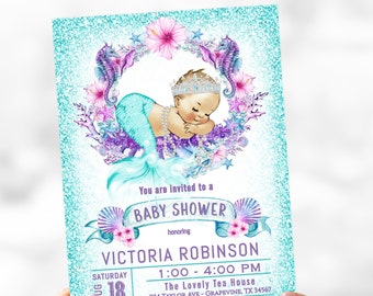 Mermaid Baby Shower Invitation, Mermaid Baby Shower, Purple Teal Mermaid Invitations, Mermaid Invitations, Mermaid Baby Shower Invites, TGM5