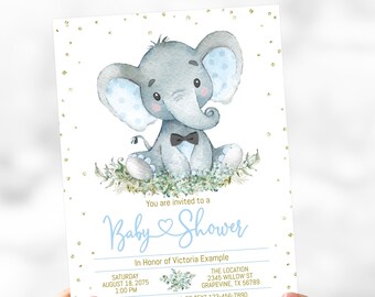 May include: A blue and gray baby shower invitation with a cartoon elephant wearing a bow tie. The invitation includes the text "You are invited to a Baby Shower" and details about the event, including the date, time, and location.