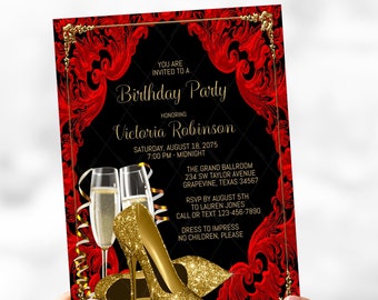 Gold Glitter Shoe Invitations,High Heel Shoe,Womans High Heel Shoe Invitations,Womans Any Number Birthday,Red Black Gold ,Champagne,GS7