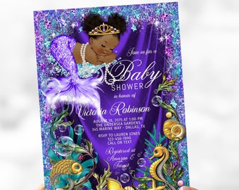 Afro Mermaid Baby Shower Invitation, African Mermaid Baby Shower Invitations, Afro Mermaid Baby Shower, Purple Mermaid Baby Shower, DPM1