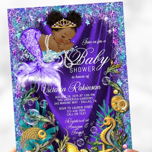Mermaid Baby Shower Invitation African American Mermaid Etsy