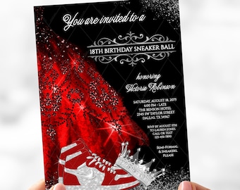 May include: A black and red invitation for an 18th birthday sneaker ball. The invitation features a red and silver sparkly background with a pair of red and white sneakers and a silver crown. The text on the invitation reads "You are invited to a 18th Birthday Sneaker Ball honoring Hetoria Robinson. Saturday, August 18, 2075 6:00 PM - Late The Benson Hotel 2345 SW Taylor Street Dallas, TX 34567 RSVP by August 5th to Lauren Jones Call or Text 123-456-7890 Semi-Formal & Sneakers. Please"