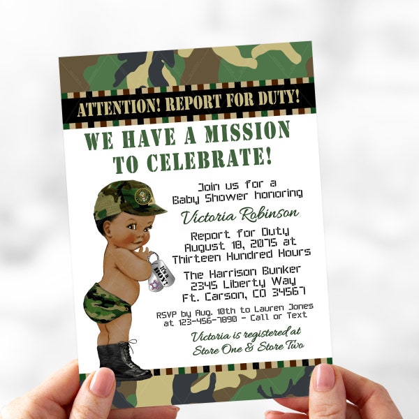 Army Baby Shower Invitations, Boy Military Baby Shower Invitations, African American Boy Baby Shower, Camouflage Baby Shower Invitations 2
